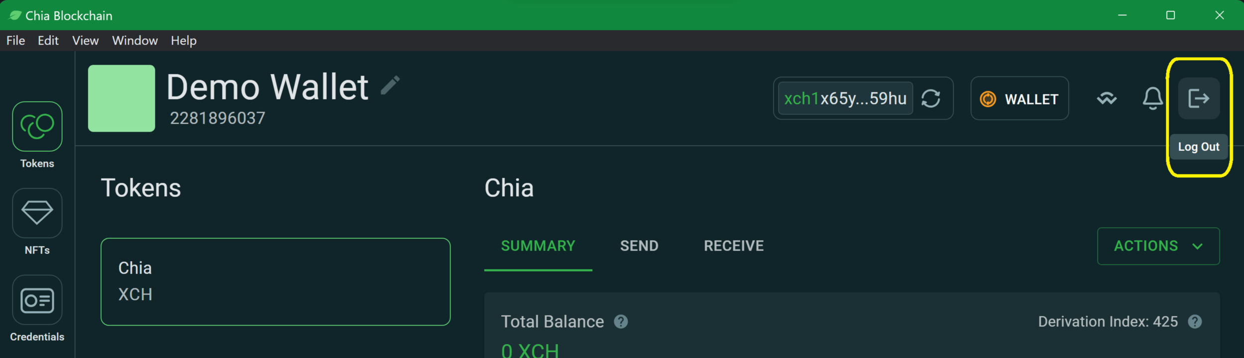Logout of the Chia wallet