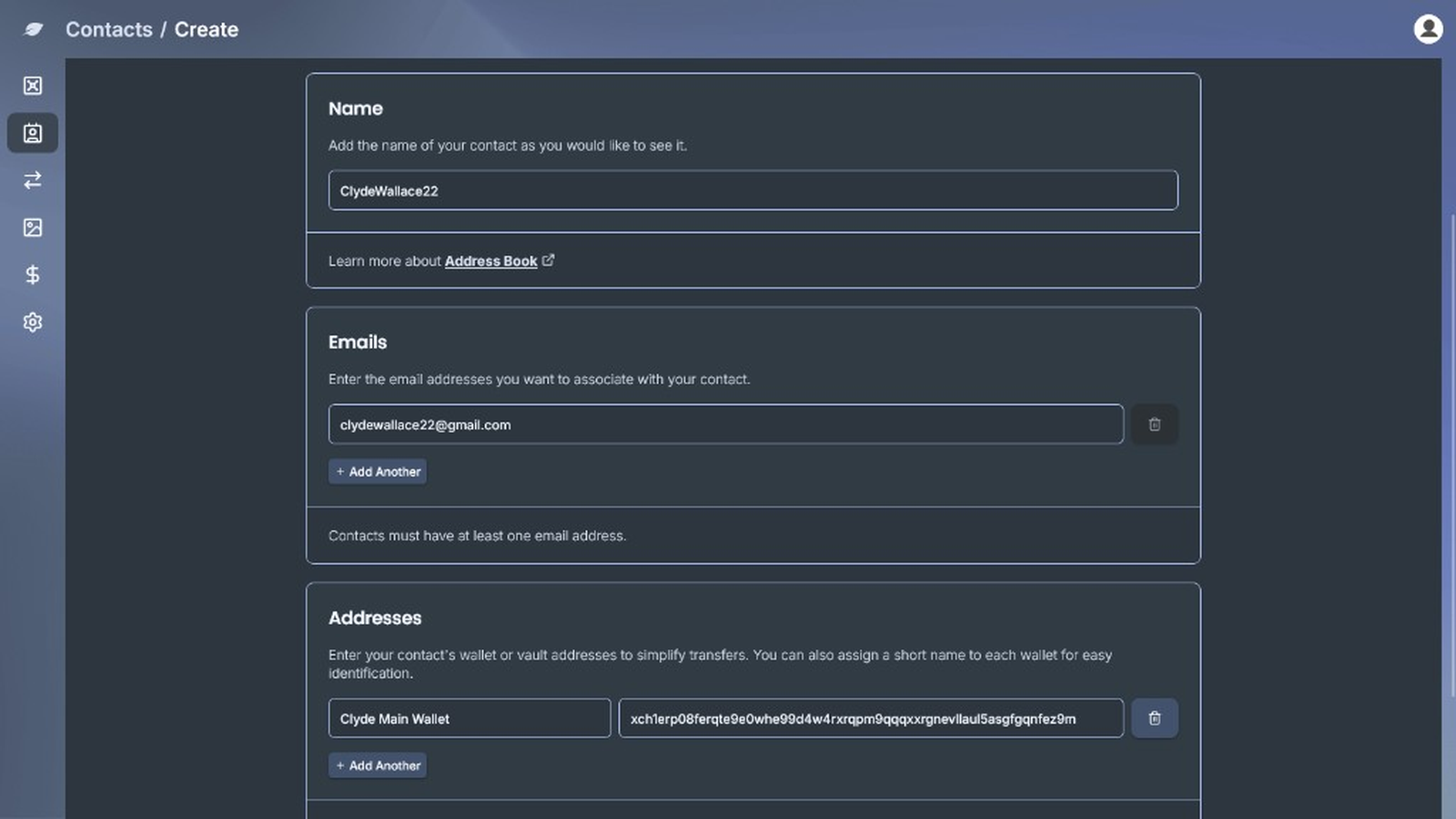Create Contact form with name, emails, and addresses