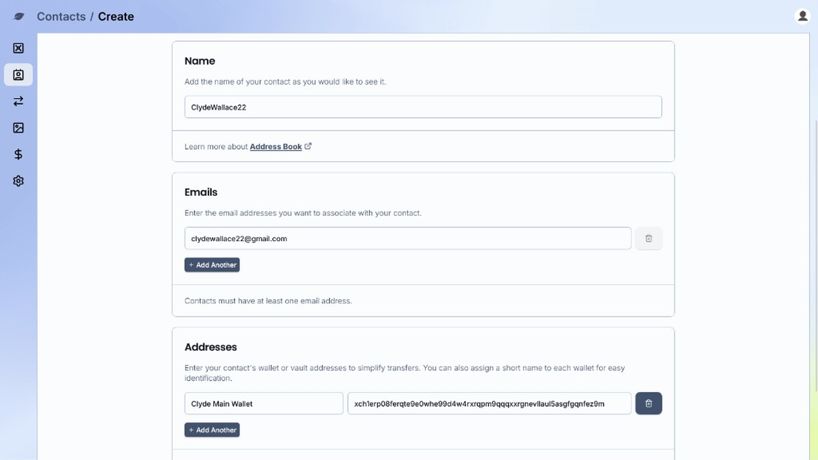 Create Contact form with name, emails, and addresses