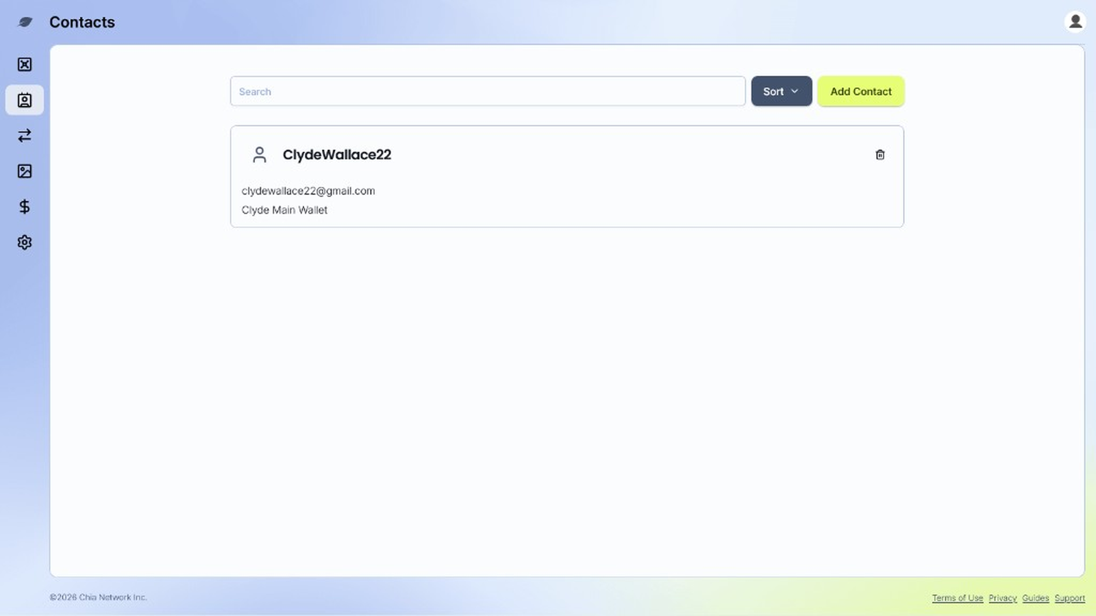 Address Book contacts list with search, sort, and Add Contact