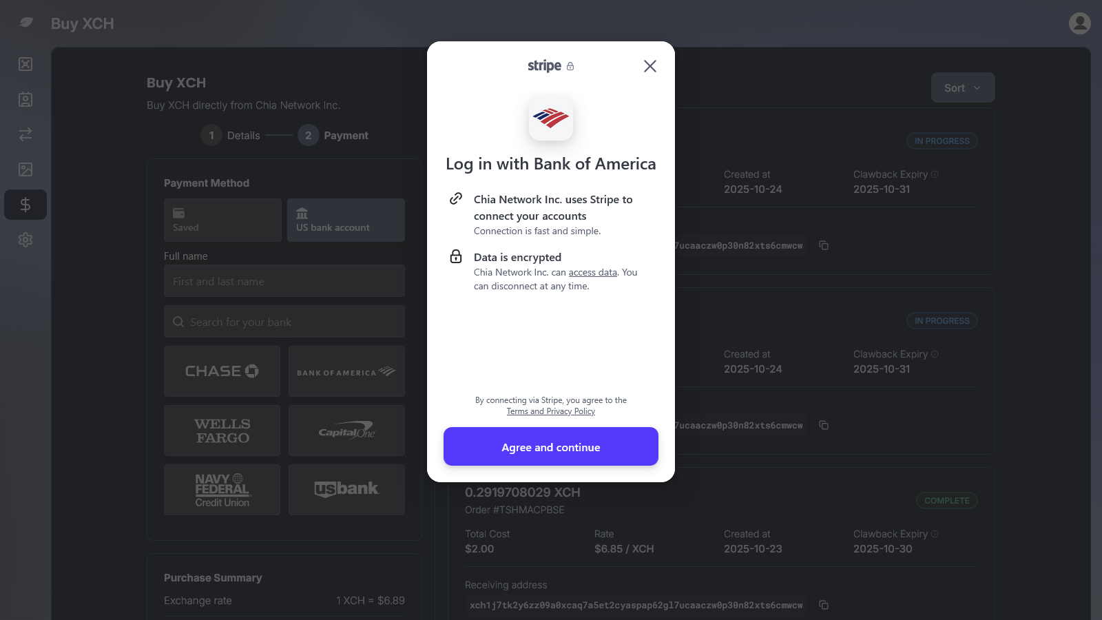 Stripe popup to add bank account