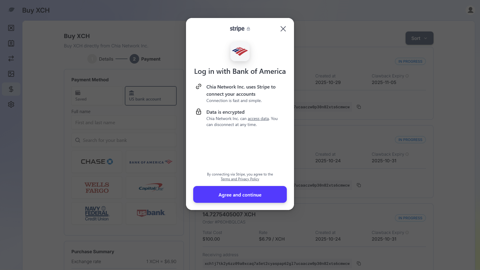 Stripe popup to add bank account