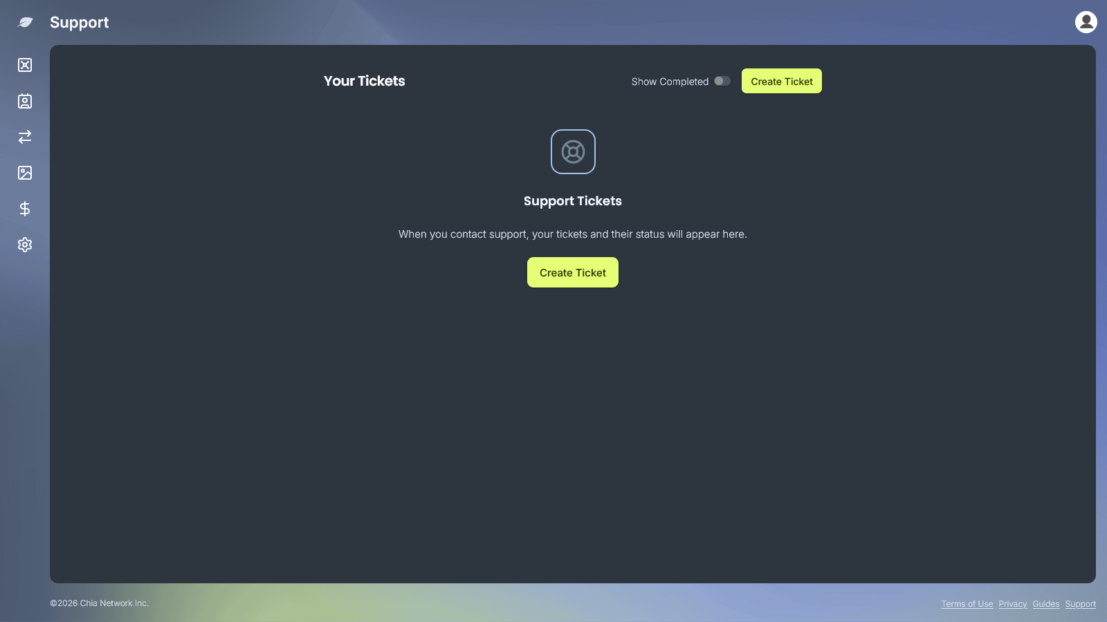 Your Tickets list on the Support screen