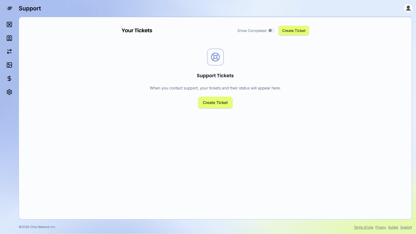 Your Tickets list on the Support screen