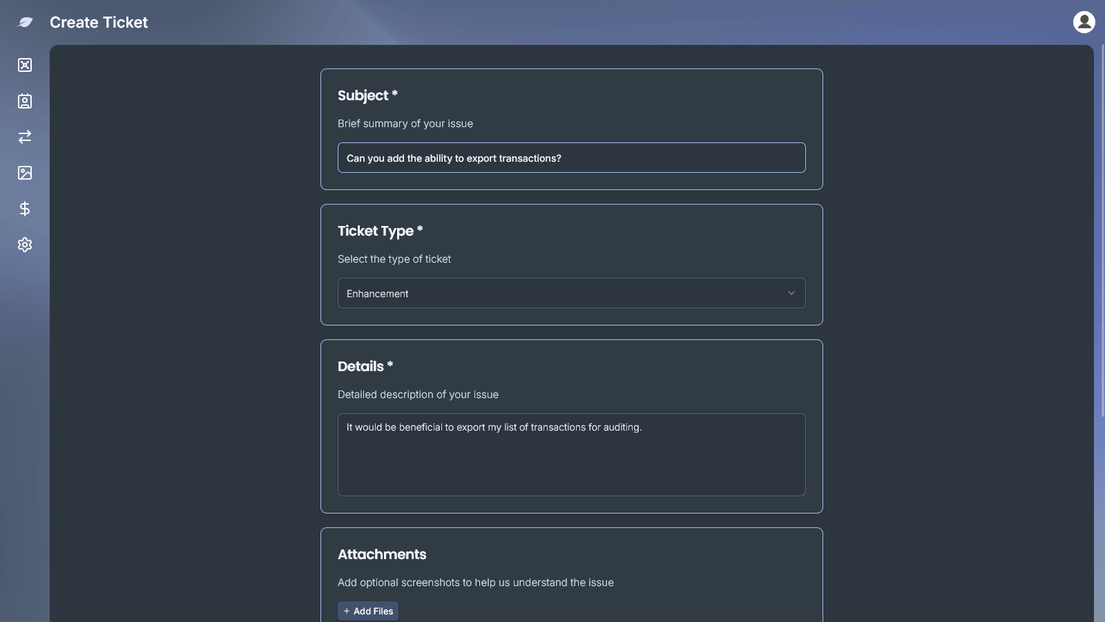Create Ticket form