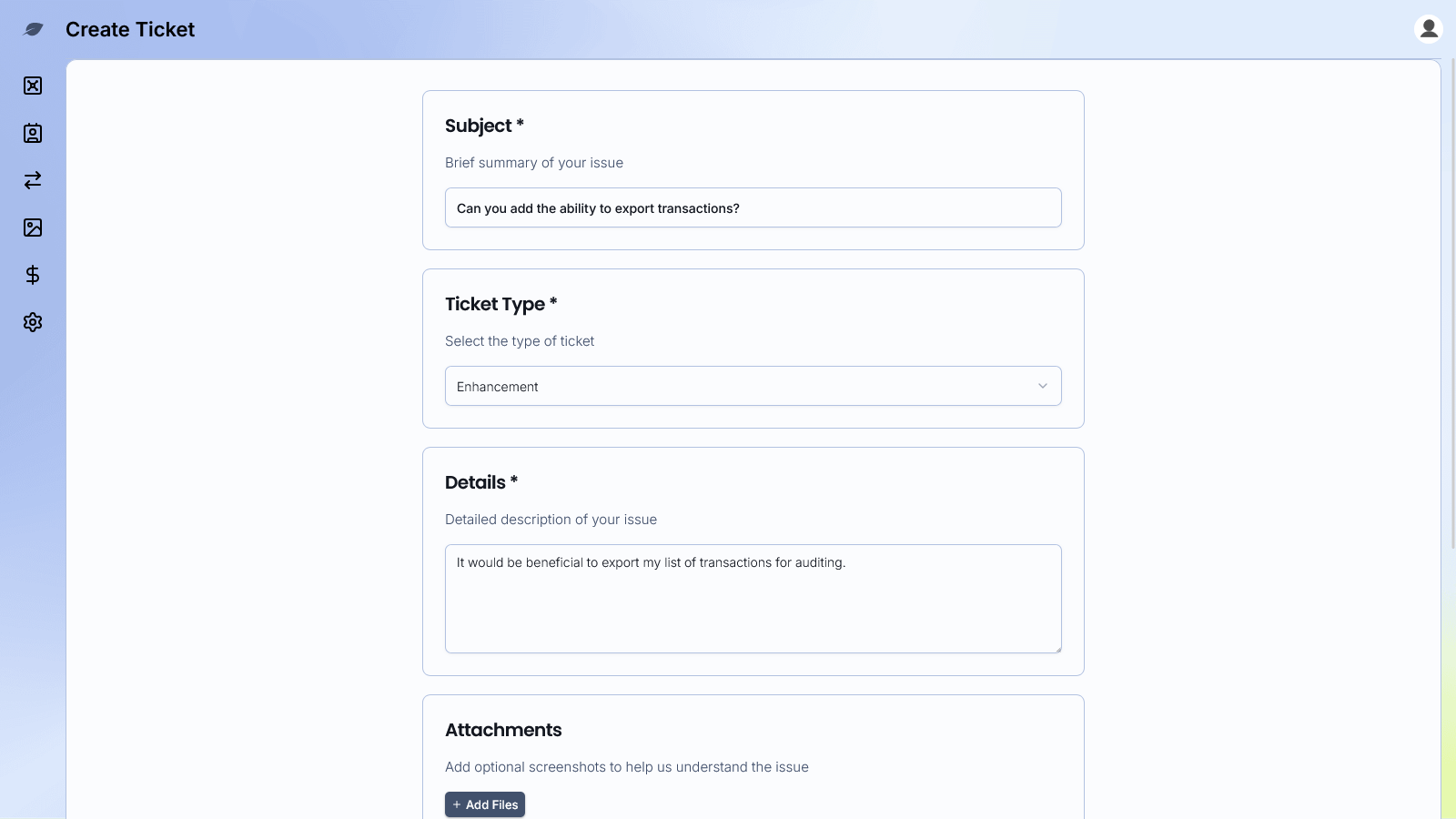 Create Ticket form