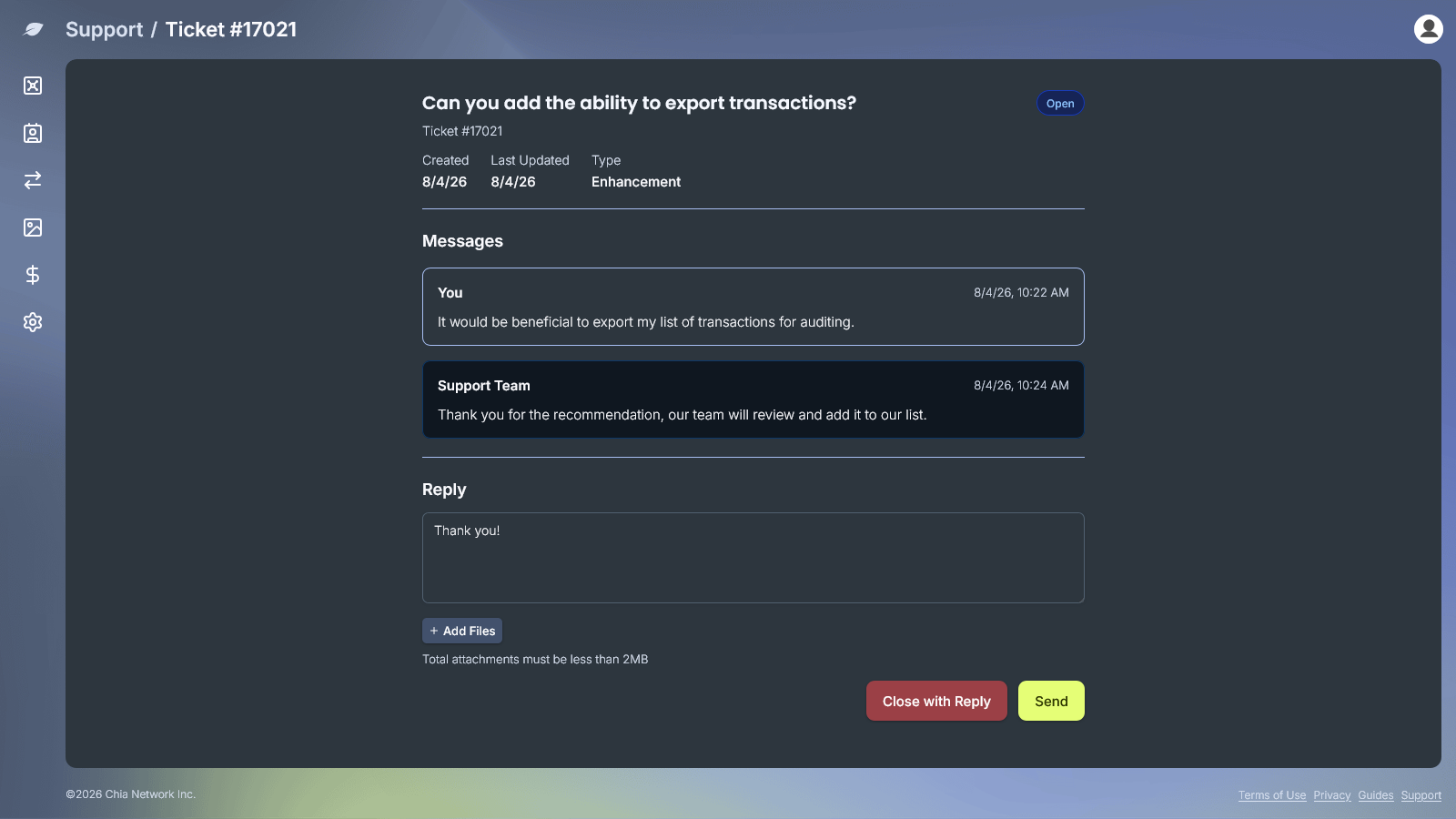 Support ticket detail with messages and reply