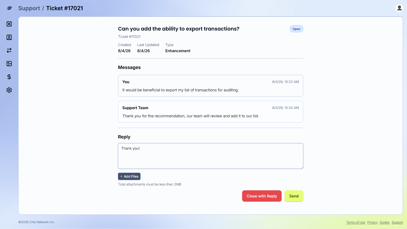 Support ticket detail with messages and reply