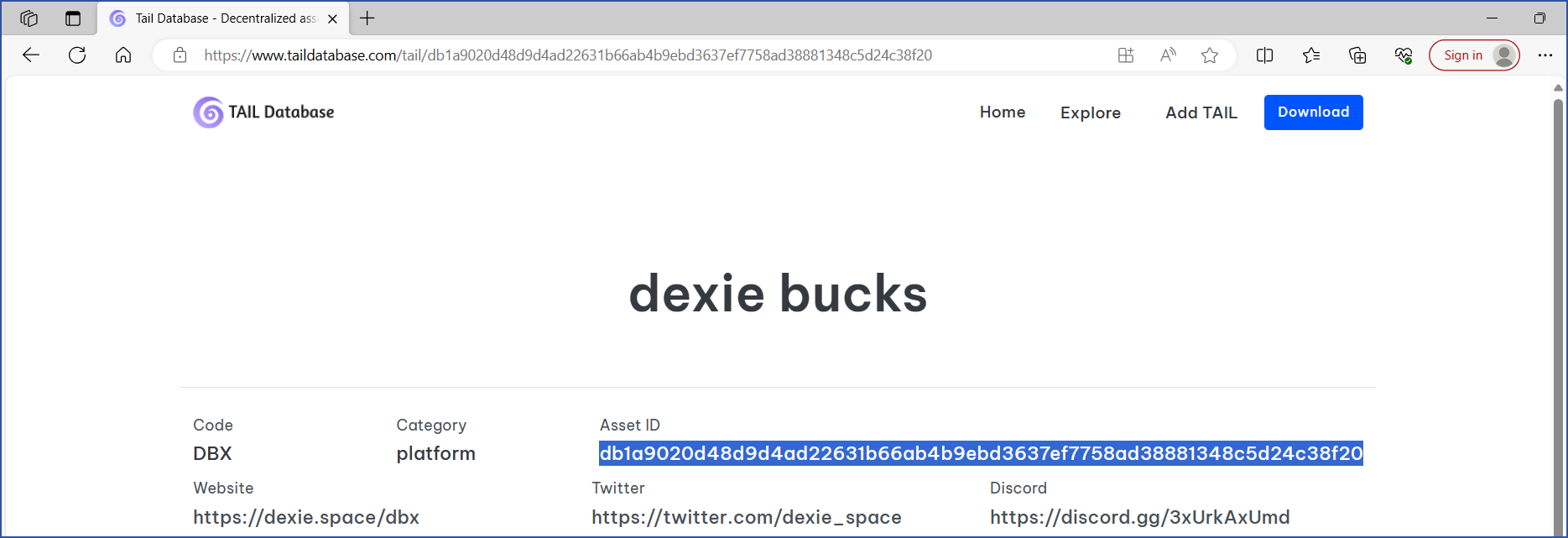 taildatabase dexie bucks asset ID